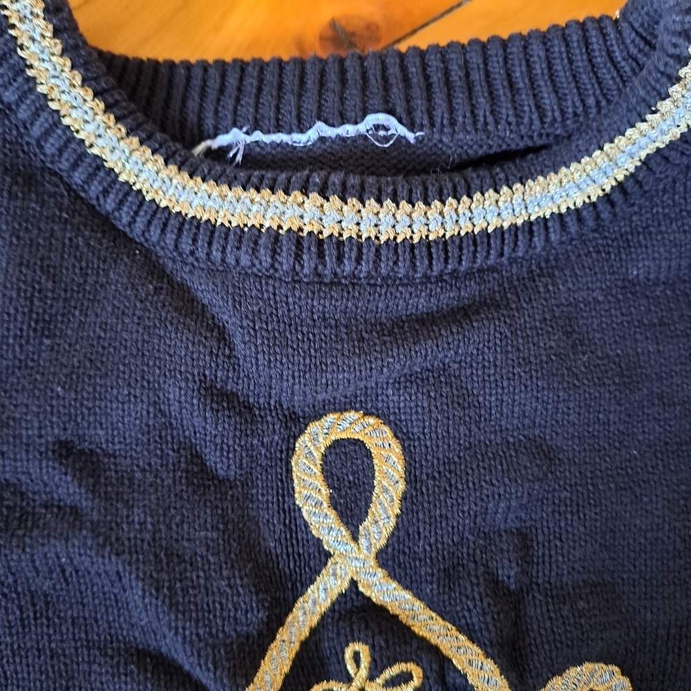 Vintage Black Embroidered Knit Sweater Gold Trim - Picture 7 of 9